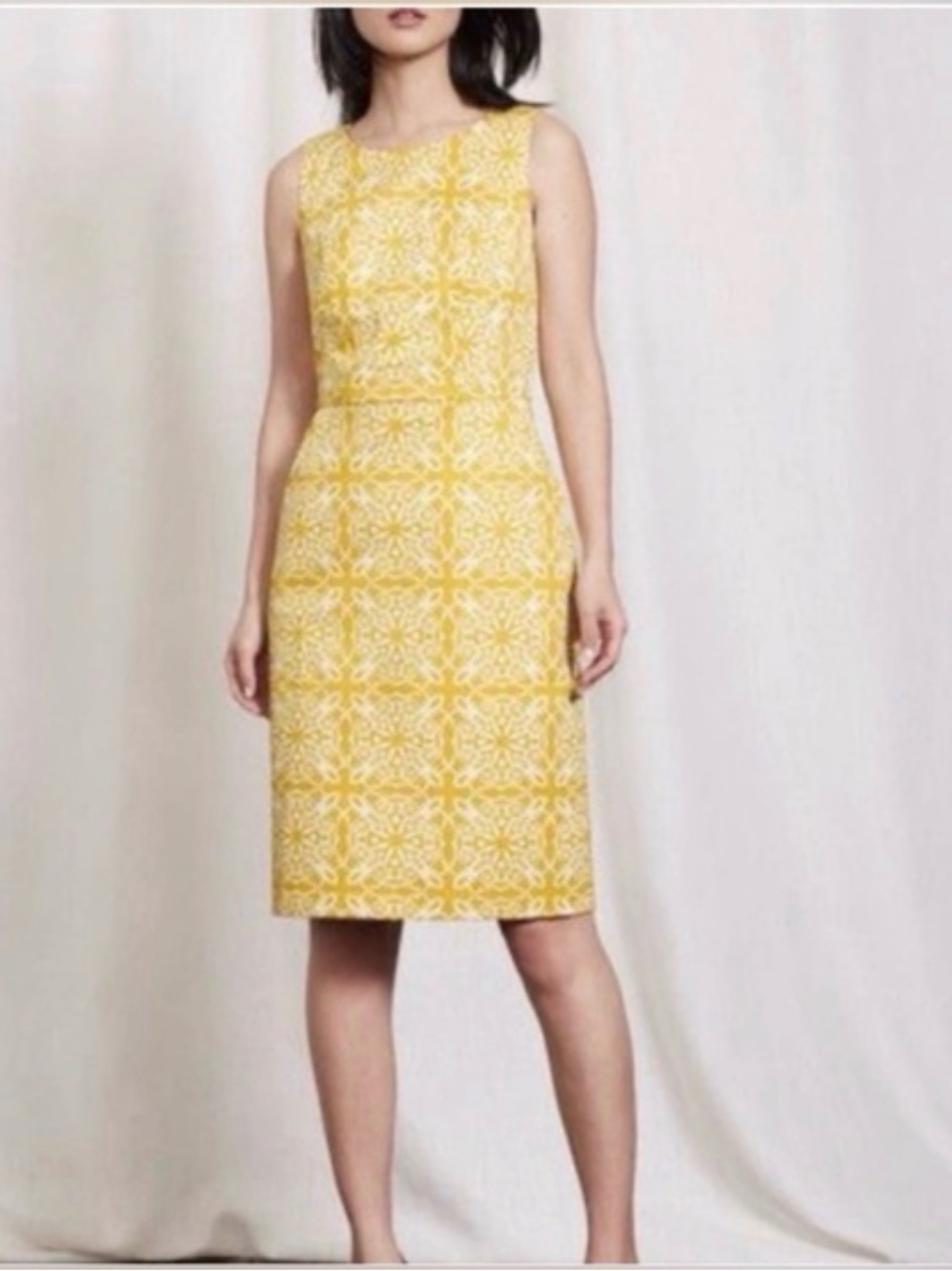 Boden Talia Mimosa Woodblock Sheath Dress Yellow White 6R Like New